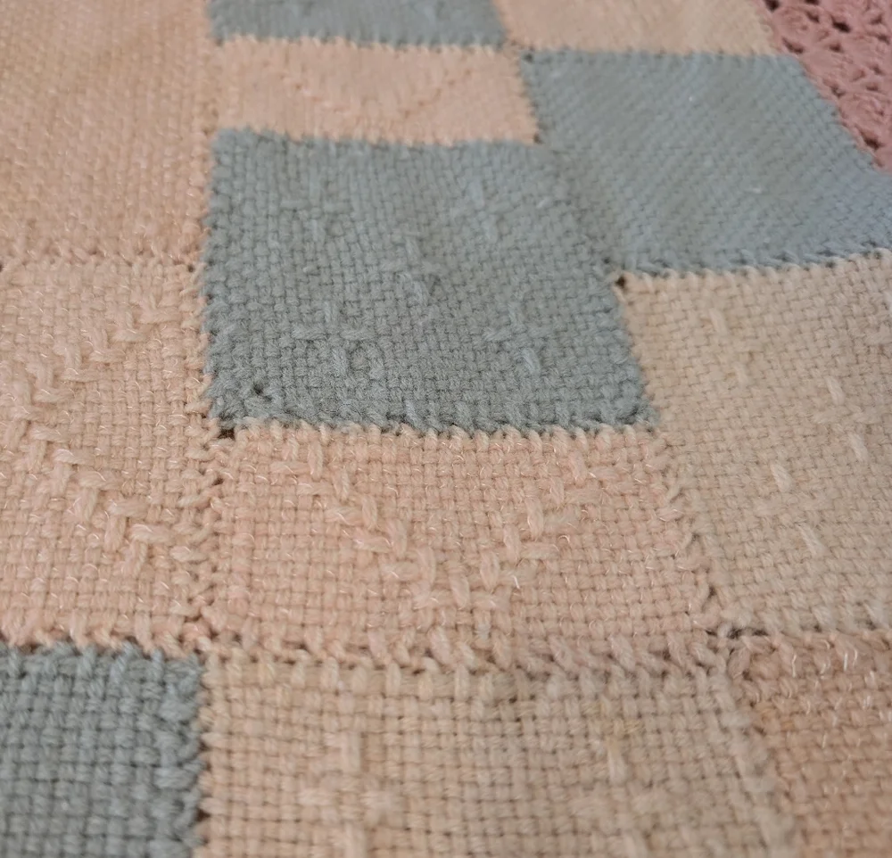 Vtg Handmade Baby Blanket Knit Crochet Square Pink Peach Blue Nursery Lace